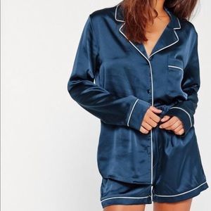 Blue Piping Detail Satin Pajama Set